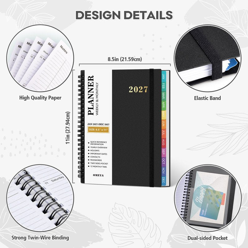 Large 2027 Weekly & Monthly Planner with Tabs & Elastic Closure - 8.5x11in