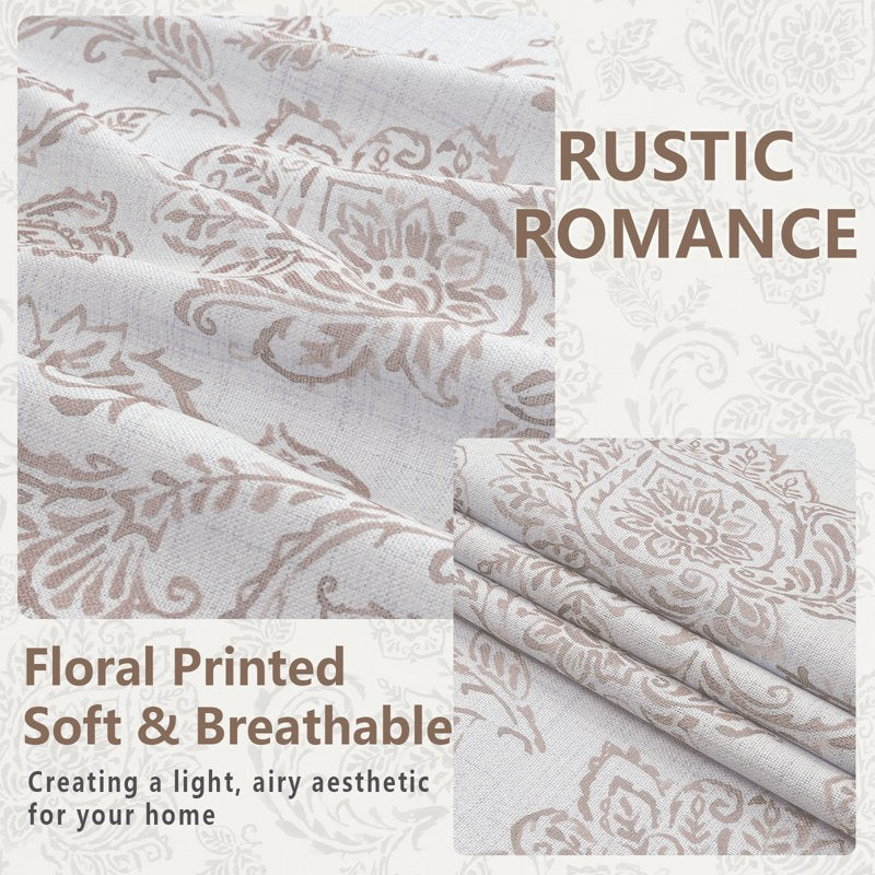 Farmhouse Taupe Floral Curtain Panels - 52W x 96L, 2-Pocket Rod Pocket Drape Set