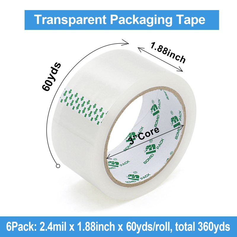 Heavy Duty Clear Packing Tape with Dispenser - 6 Rolls, 360 Yards, 2.4 Mil Thick, 1.88 Inch Wide for Shipping & Moving