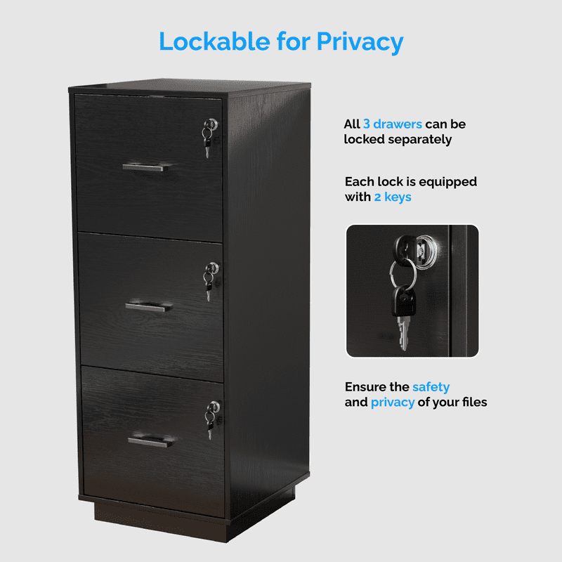Wood 3-Drawer Lockable File Cabinet for Home Office - Black