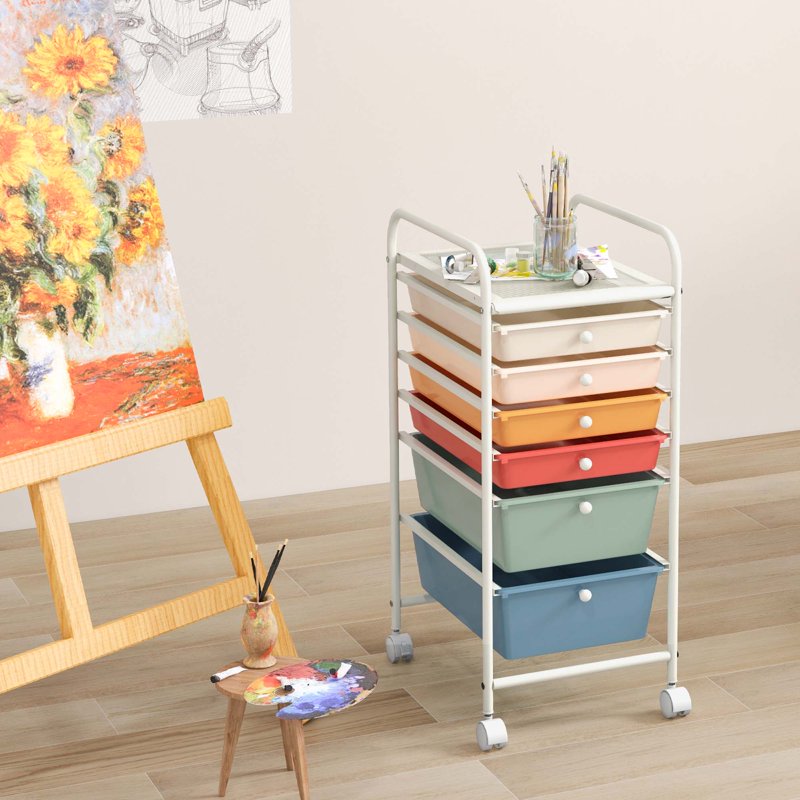 6-Drawer Rolling Storage Cart with Mesh Shelf for Office & Craft Supplies - White