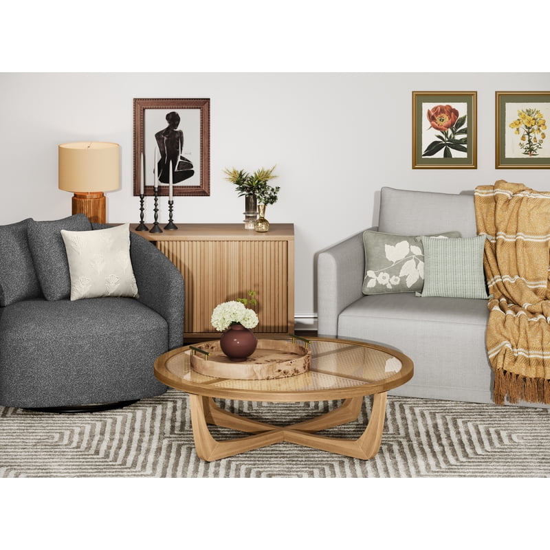Modern Faux Wood Table Lamp Set - Brown Ribbed Base with Linen Shade