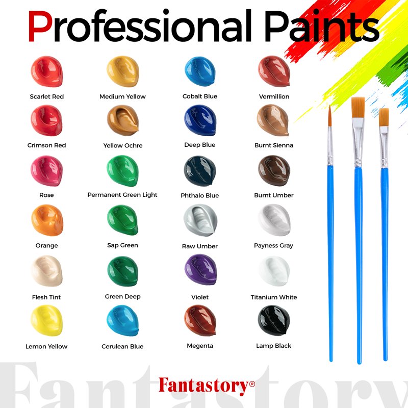 Acrylic Paint Set with 24 Vibrant Colors and 3 Brushes - Portable Craft Supplies