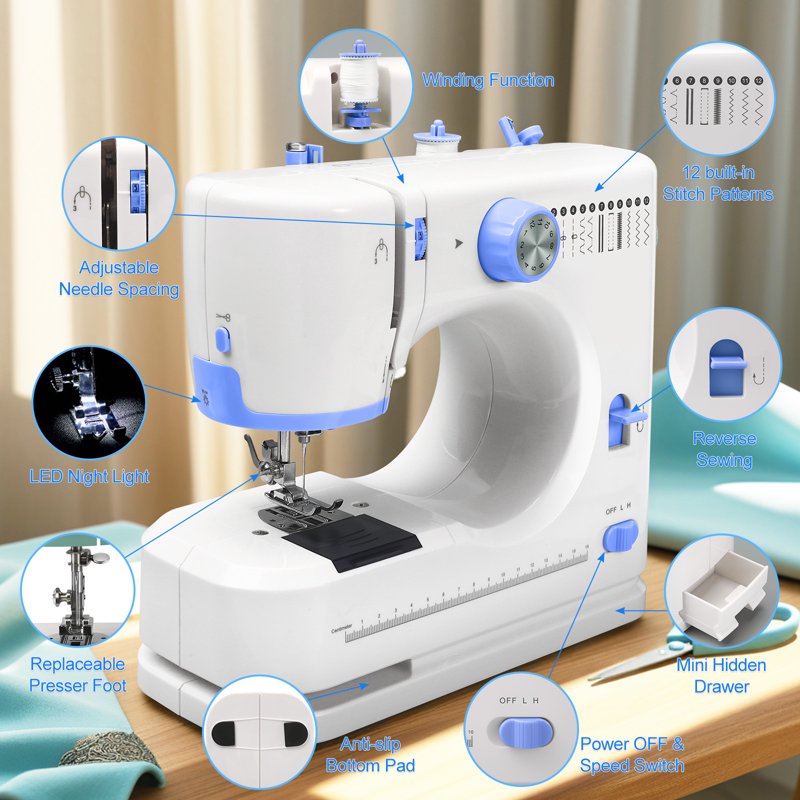 Portable Sewing Machine for Beginners with 12 Stitches, Adjustable Speed, Foot Pedal, Compact & Lightweight