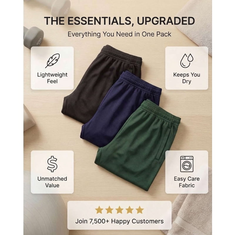 Men's Mesh Open Bottom Lounge & Workout Track Pants - 3 Pack