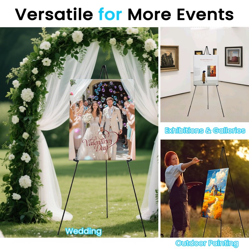 Portable Black Metal Easel Stand for Sign, Poster & Art Display — 3 Pack, Foldable, Adjustable, 66 Inch