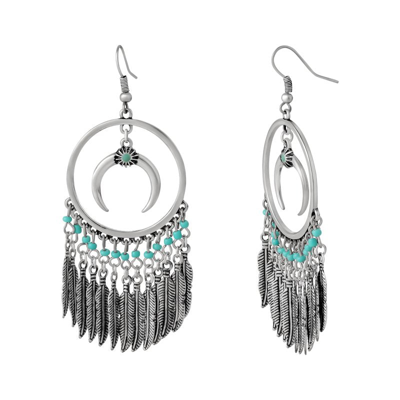 Women's Faux Turquoise Circle Feather Earrings - Boho Statement Jewelry
