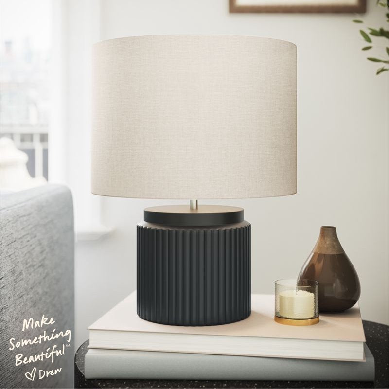 Modern Black Faux Wood 14-Inch Table Lamp with Linen Shade