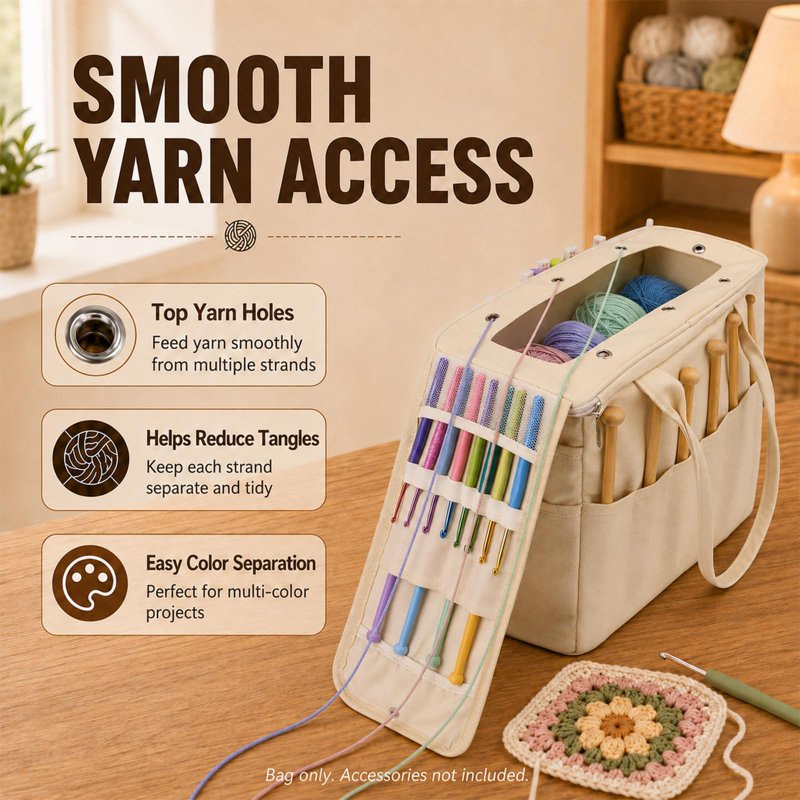 Large Canvas Yarn Storage Bag with Multiple Pockets & Yarn Holes for Knitting Crochet