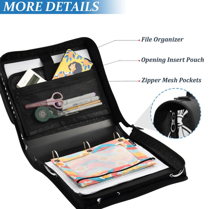 Zipper Binder Organizer Bag with Multiple Pockets and 3-Ring File Holder
