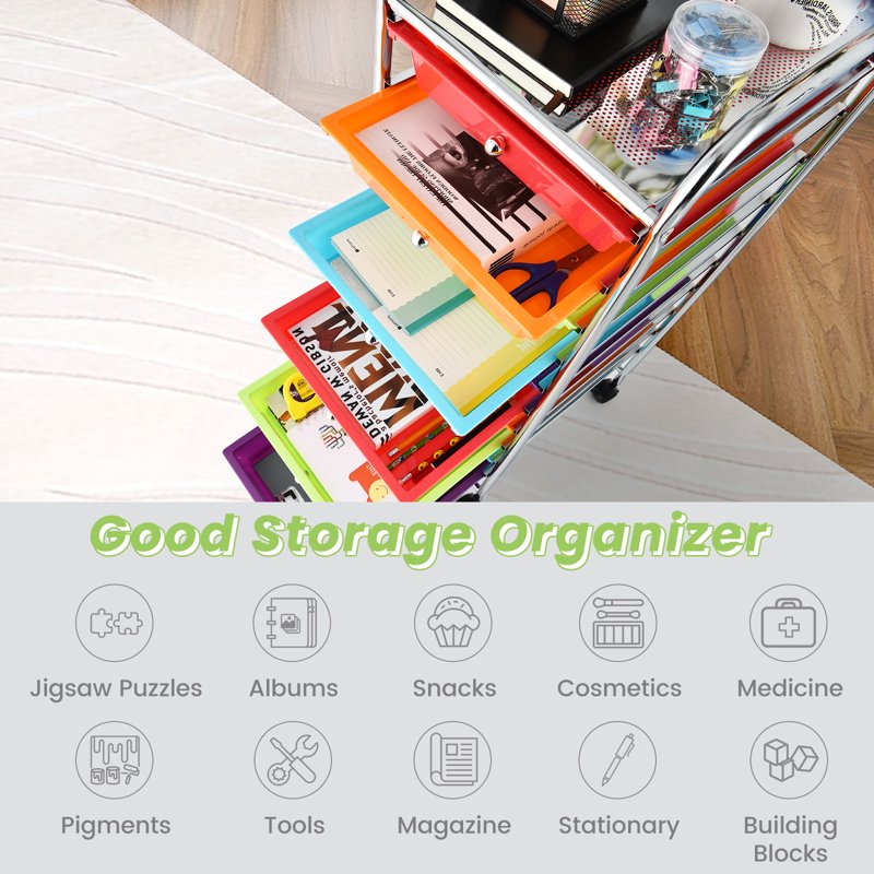 Rolling Storage Cart with 10 Colorful Drawers - Office, Home & School Organizer
