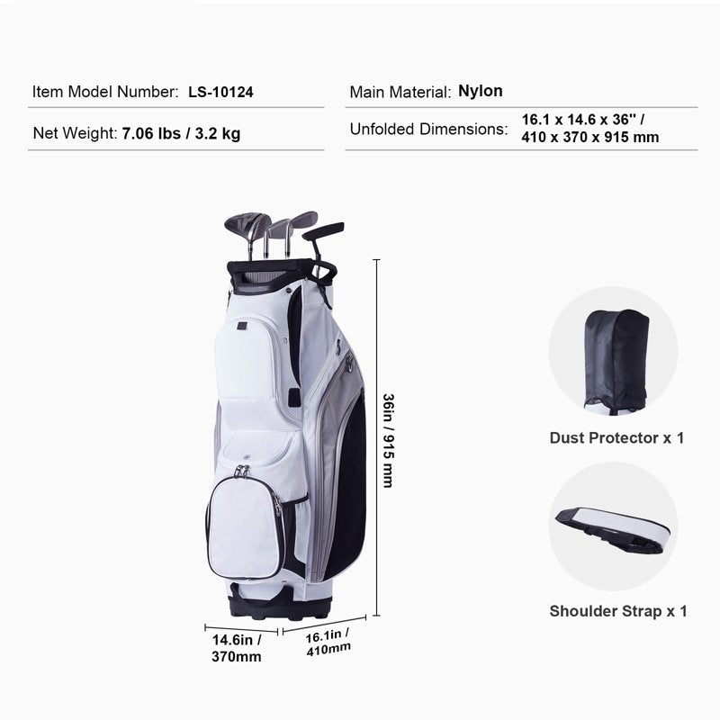 Golf Bag with 14-Way Divider, 36", 13 Pockets, White Color-Block Design – Waterproof, Durable
