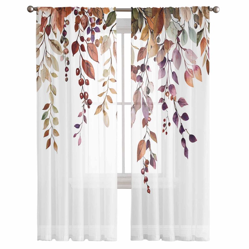 Fall Leaves Sheer Curtains Set - Watercolor Leaf Fruit Berry Design, 52x84 Inch, 2 Panels