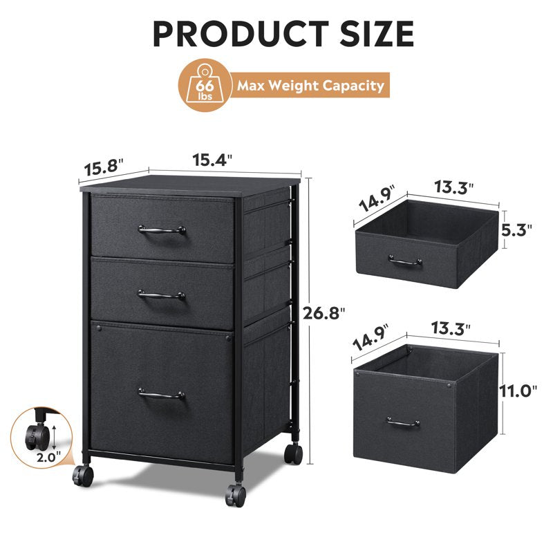 3-Drawer Mobile File Cabinet with Fabric Organizers and Wood Grain Top - Black