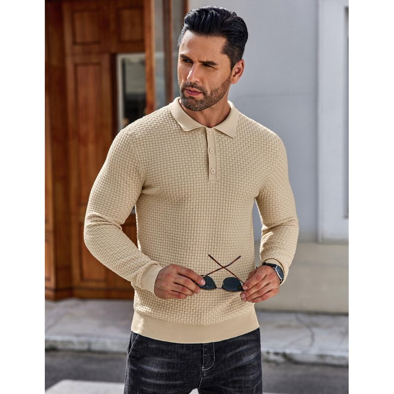 Men's Lightweight Knit Polo Shirt Long Sleeve Casual Collared Sweater