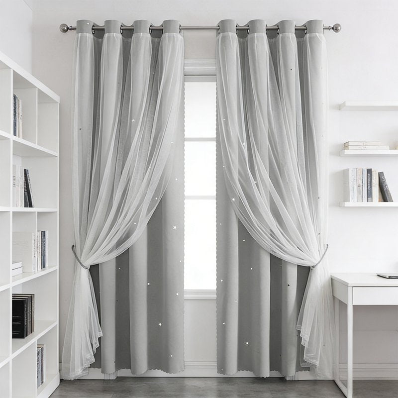 Thermal Insulated Star Lace Blackout Curtains - Double Layer Window Drapes for Bedroom & Living Room