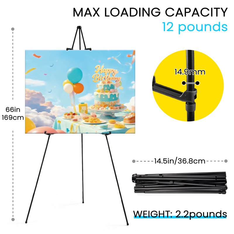 Portable Black Metal Easel Stand for Sign, Poster & Art Display — 3 Pack, Foldable, Adjustable, 66 Inch