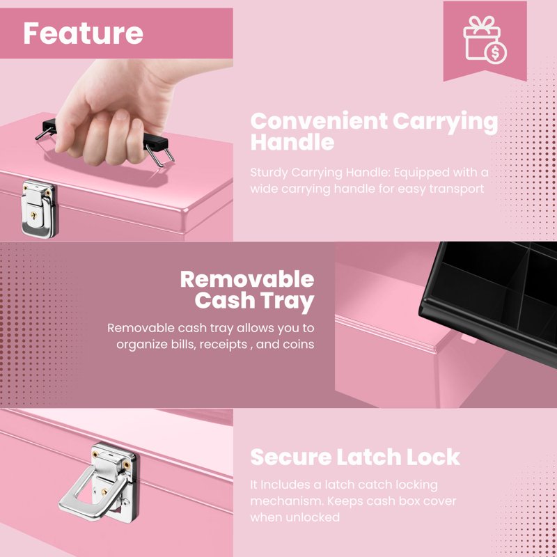 Pink Metal Cash Box with Lock & 7-Compartment Money Tray - Secure Storage for Small Businesses