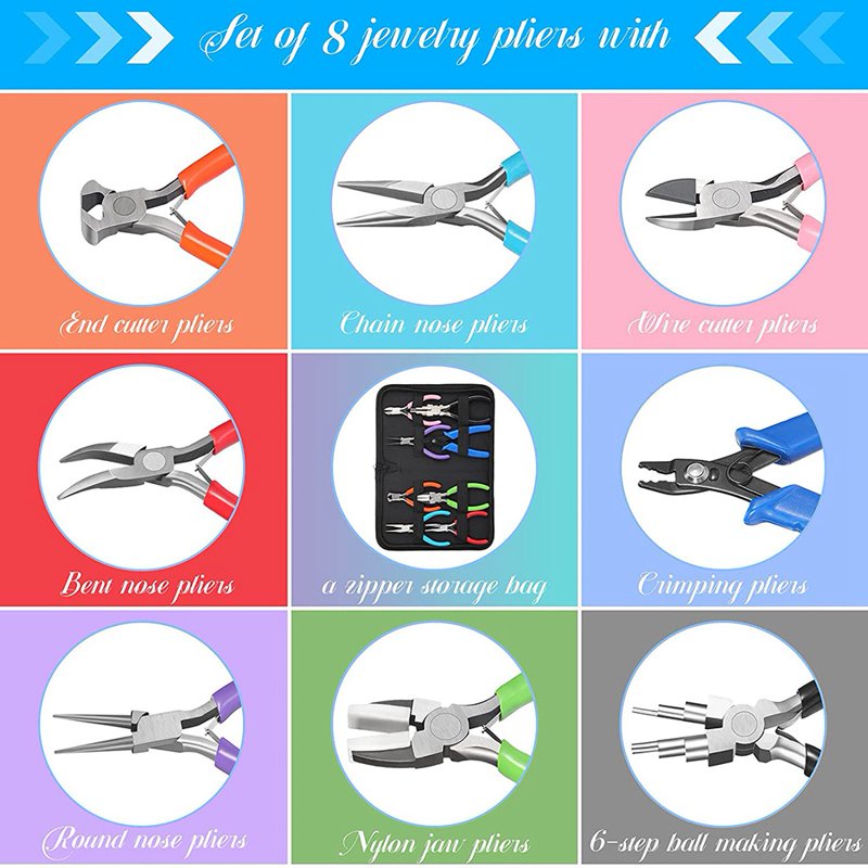 Jewelry Making Pliers Kit - 8 Pairs of Needle Nose Round Nose Nylon Jaw Tools for DIY Jewelry