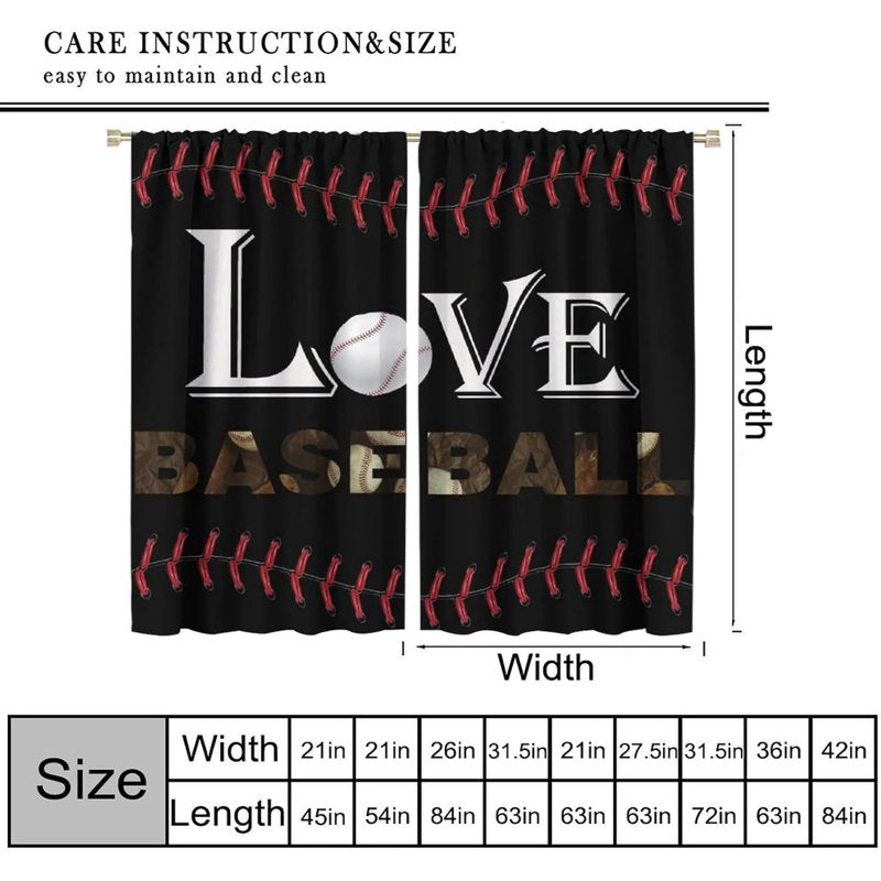 Sports-Themed Black and White Baseball Curtain Sets - Window Treatments for Kids' Bedroom and Living Room