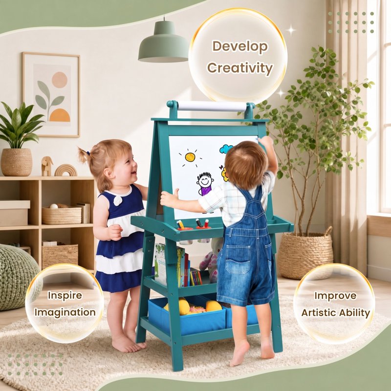 3-in-1 Kids Wooden Art Easel with Whiteboard & Chalkboard - Blue