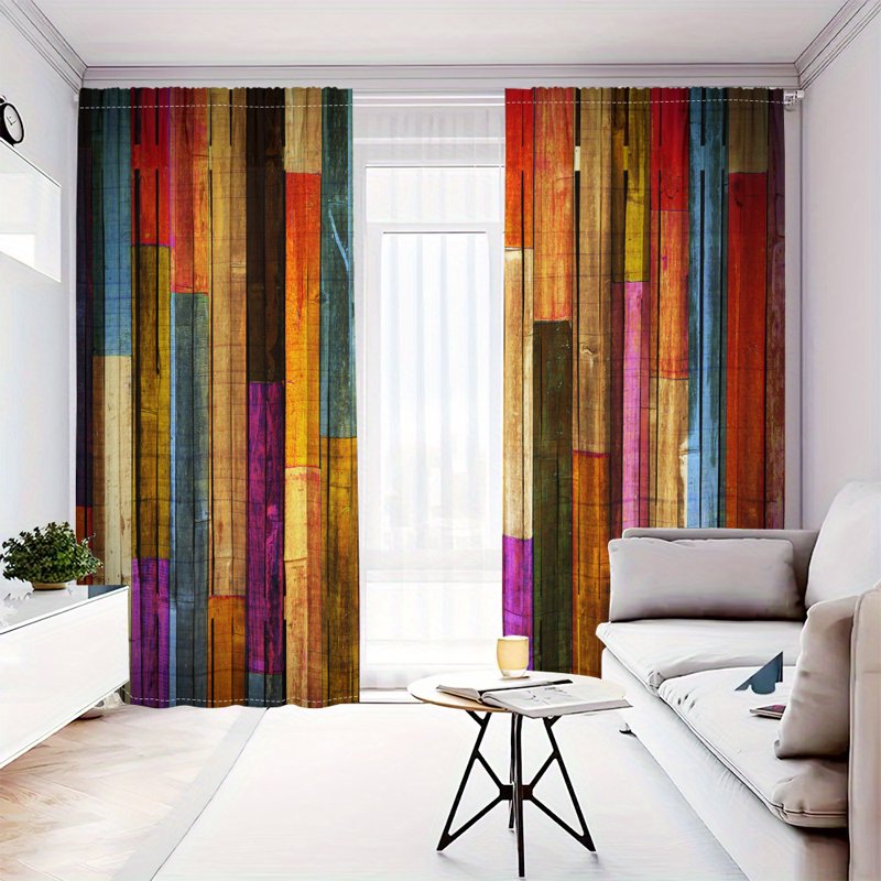 Colorful Wooden Plank Pattern Polyester Curtains Set of 2 for Bedroom & Living Room