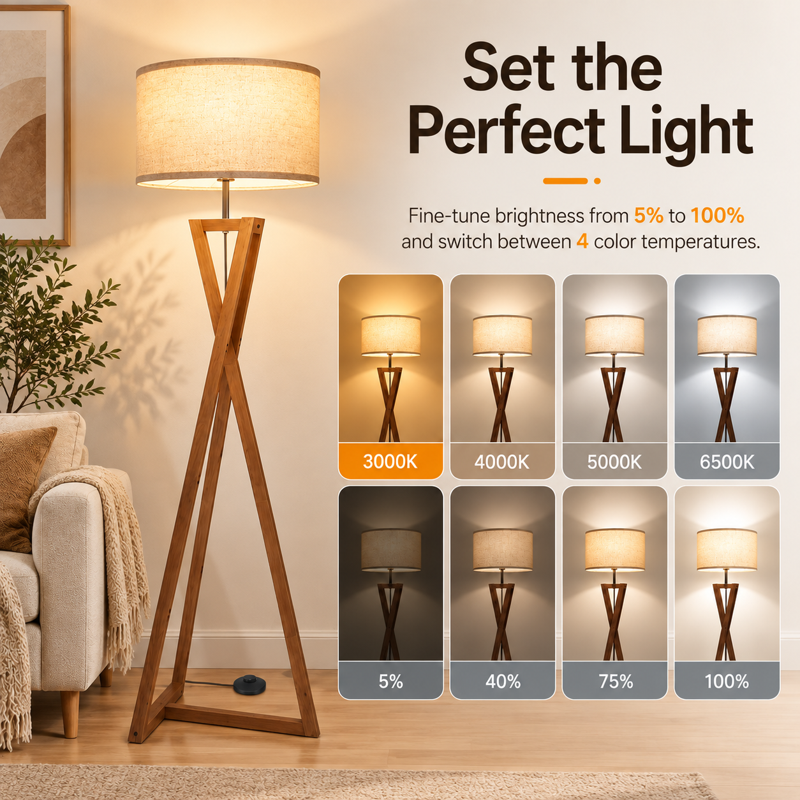 Wood Tripod Floor Lamp with Shelves, Dimmable Standing Lamp with Remote, Modern Walnut or Black Finish