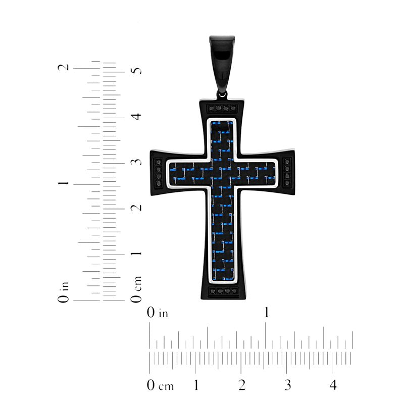 Men's Two-Tone Black Stainless Steel Cross Pendant with Carbon Fiber & Cubic Zirconia