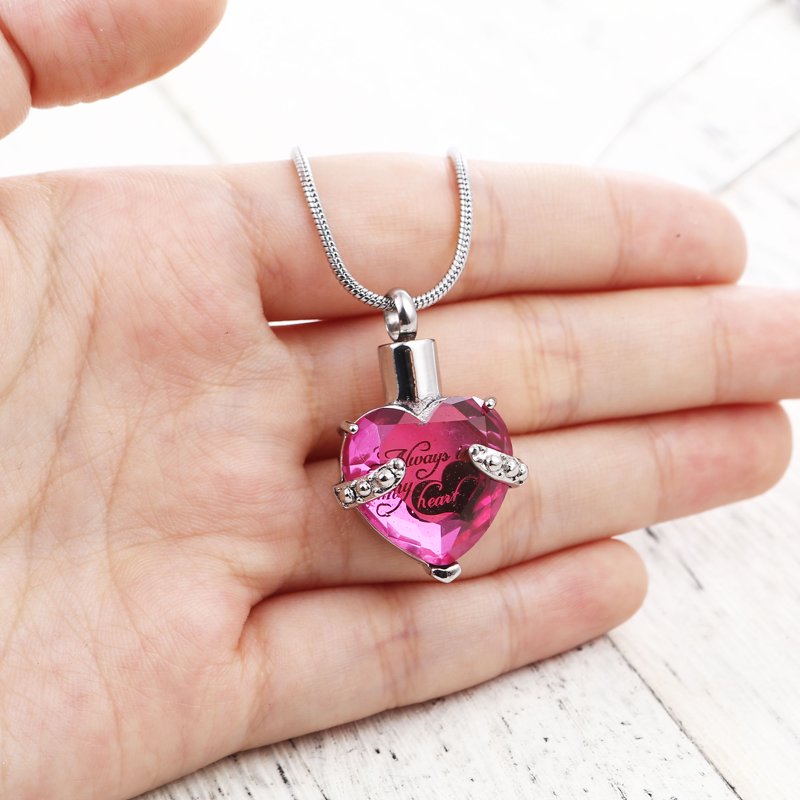 Rhinestone Heart Cremation Necklace with Chain - Memorial Jewelry for Women