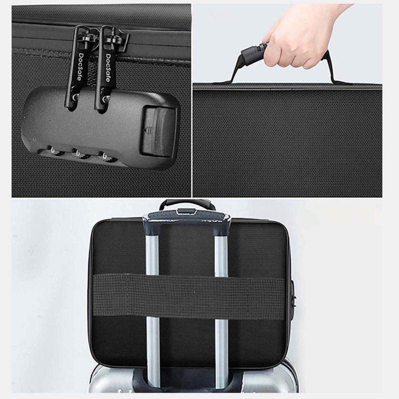 Fireproof Waterproof Document Box with Lock & Organizer Bags - Black