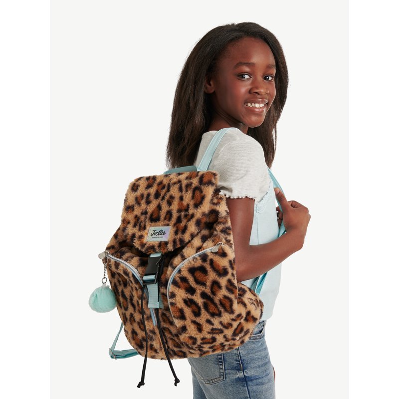 Girls Faux Fur Rucksack Backpack with Leopard Print, Adjustable Straps