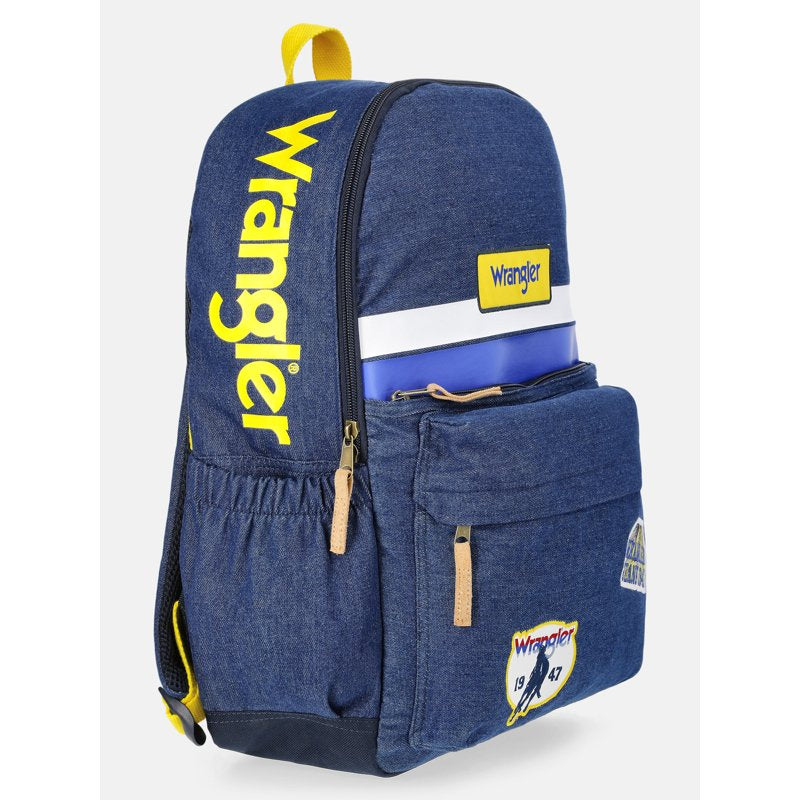 Unisex Denim Backpack with Patches and Padded Laptop Sleeve - 17 Inch School Bag