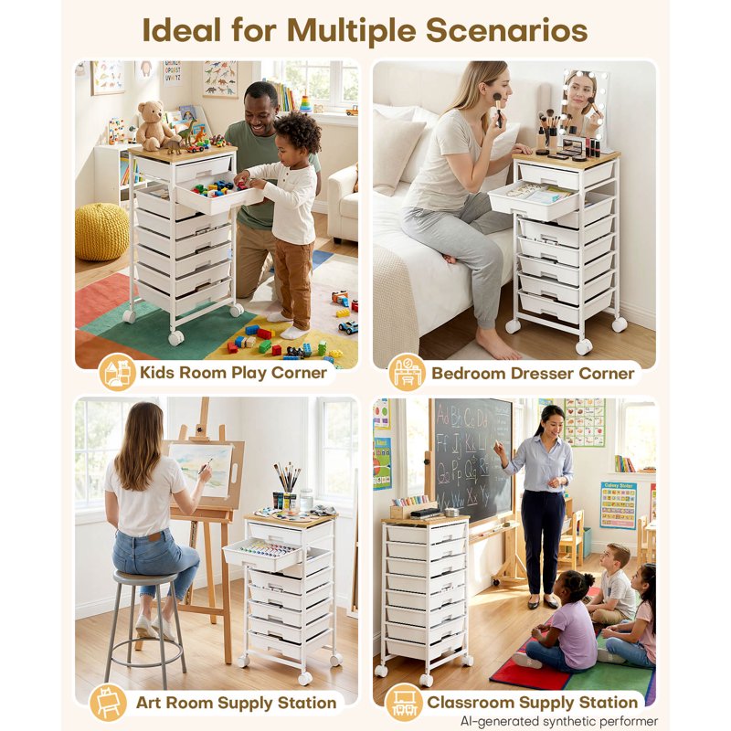 8-Drawer Rolling Utility Cart with Lockable Wheels and Spacious Storage