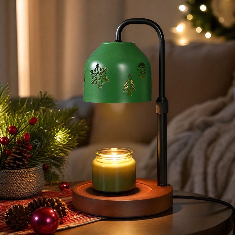 Christmas Candle Warmer Lamp - Dimmable Wax Melter with Festive Pattern and Wood Base
