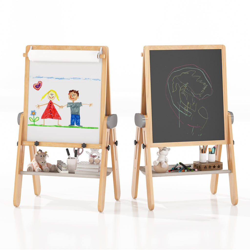 Kids Wooden Art Easel with Magnetic Whiteboard & Storage - Adjustable & Foldable