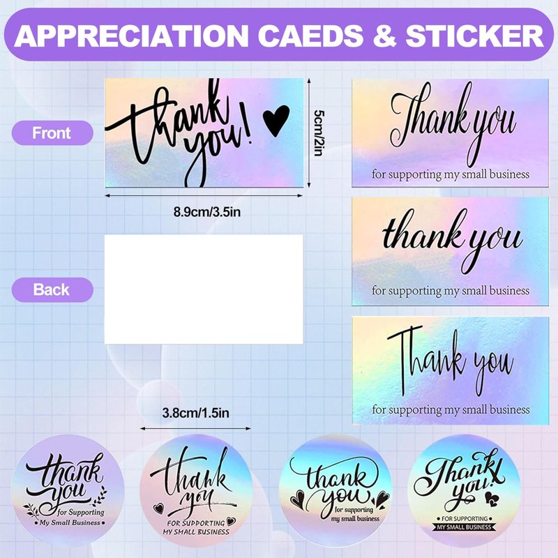 Metallic Bubble Mailers 50 Pcs with Thank You Cards & Stickers - Holographic Self-Sealing Envelopes for Small Business Shipping