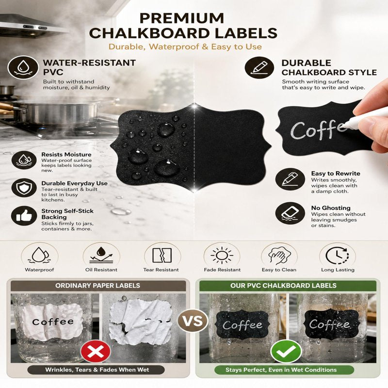 Chalkboard Style Labels Set with Markers - Water-Resistant Rewritable Self-Stick Labels for Pantry & Kitchen Organization - 244 Pieces