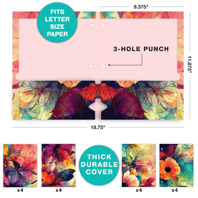 16 Pack Designer Pocket Folders - Abstract Floral, Marble, Sunflower Patterns