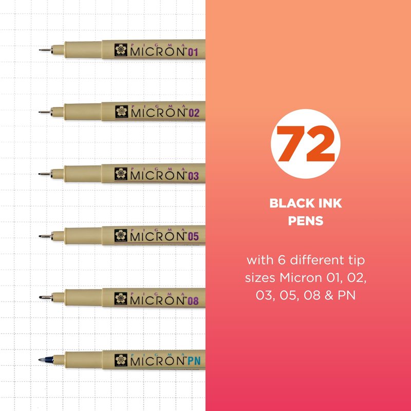 Sakura Pigma Micron Fineliner Pens Set for Art & Journaling - Assorted Sizes, 72 Pack