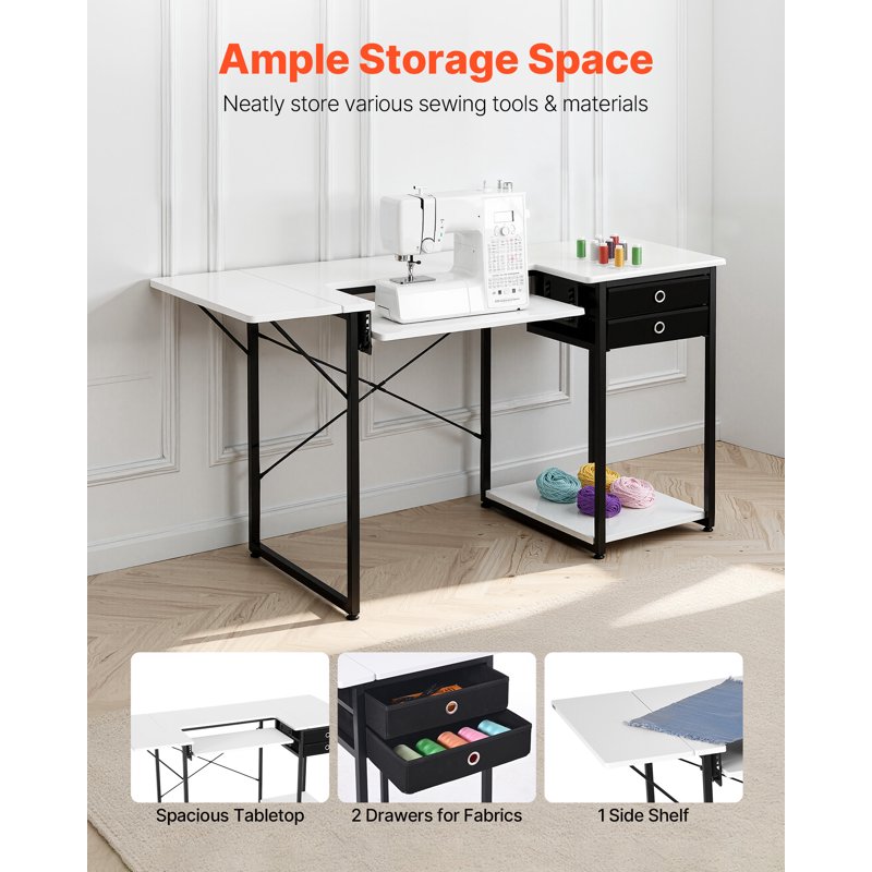 Multipurpose Sewing Table with Drawers and Foldable Side Shelf - Adjustable Home & Studio Workstation