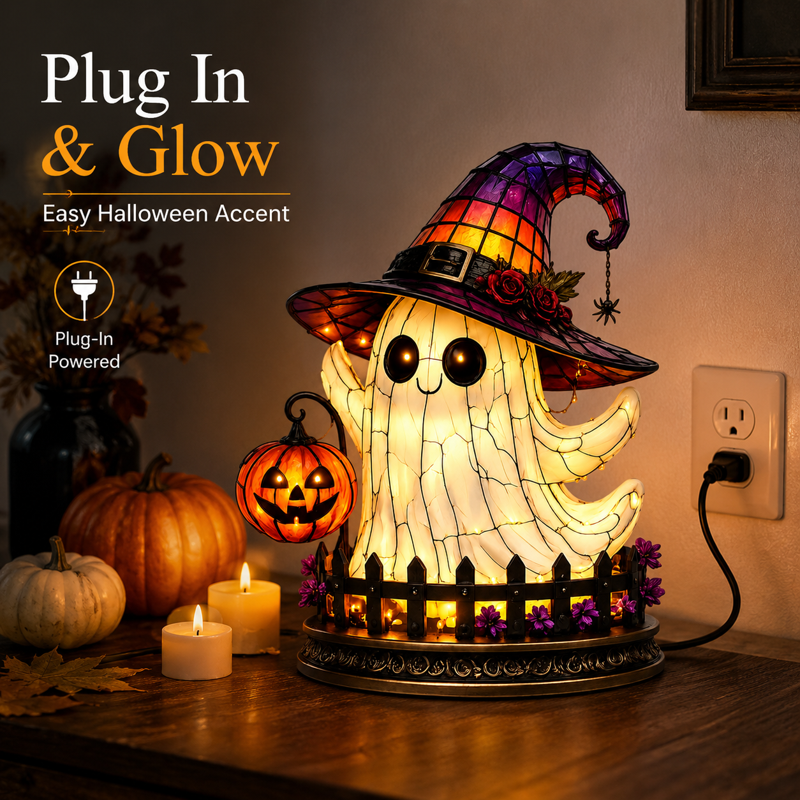 Halloween Ghost Night Light with Witch Hat and Jack O' Lantern - 11.81" Tabletop Décor (Variation A)