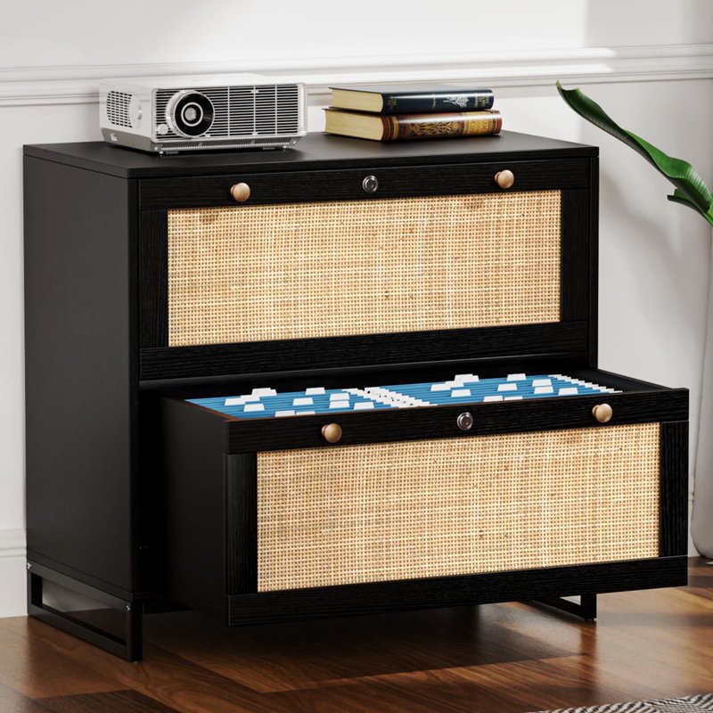 Lateral File Cabinet with Lock - 2 Drawer Wood Storage for Home Office, Black