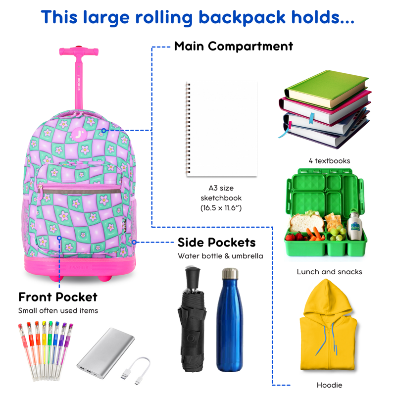 Kids Rolling Backpack with Wheels & Tote for School & Travel - Puffy Flower
