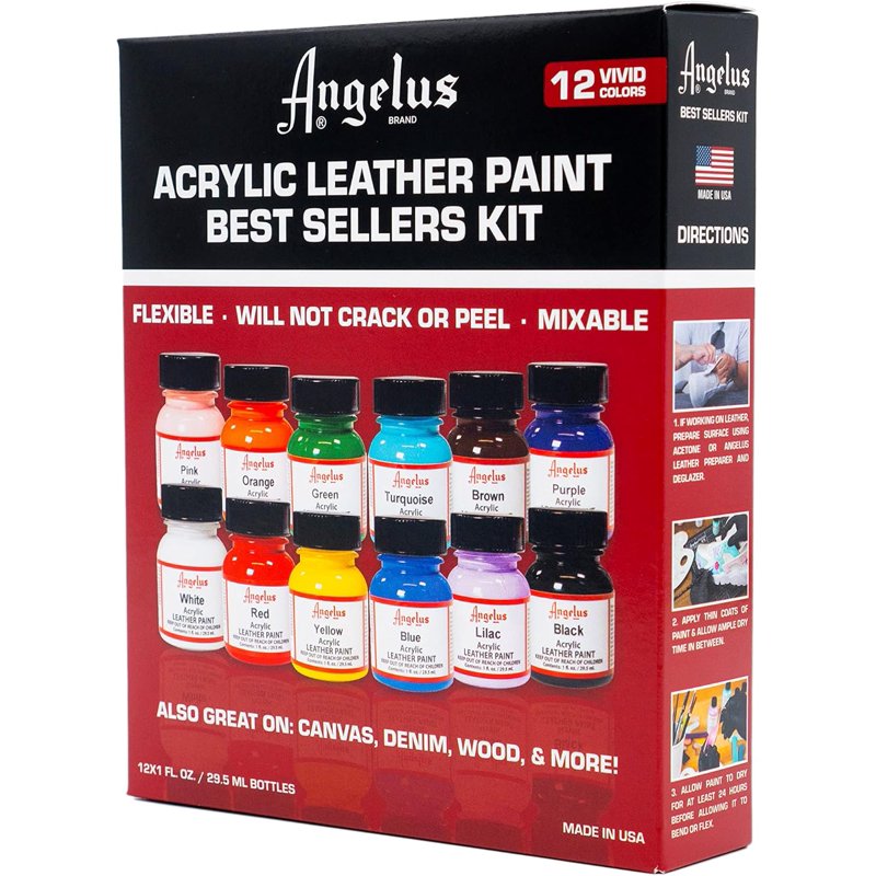 Angelus Acrylic Leather Paint Kit - Flexible Shoe & Leather Paint in 12 Colors, 1 oz Each