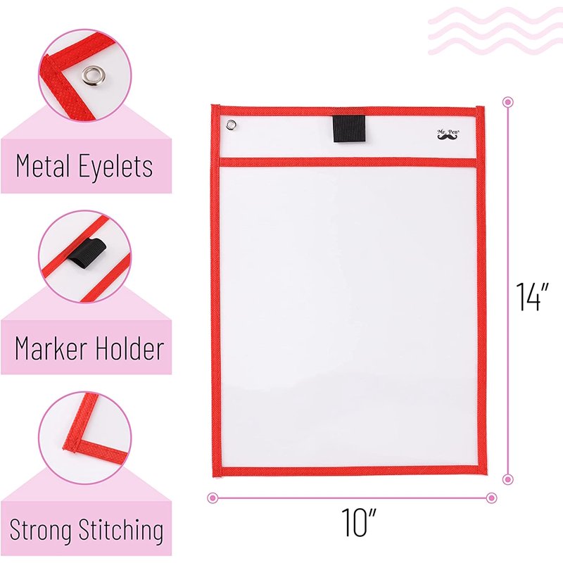 Dry Erase Pocket Sleeves Set of 6 - A4 10x14 Inch Colorful Plastic Sheets