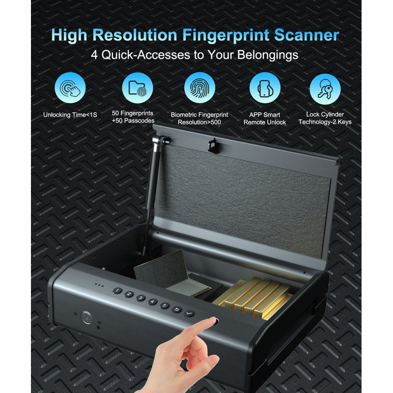 Biometric Gun Safe with Quick Access, Fingerprint, Passcode & App, Heavy Duty Pistol Lock Box