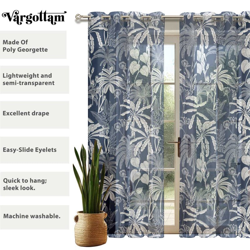 Sheer Tropical Tree Pattern Curtains Set of 2 - Light Filtering Georgette Drapes for Windows