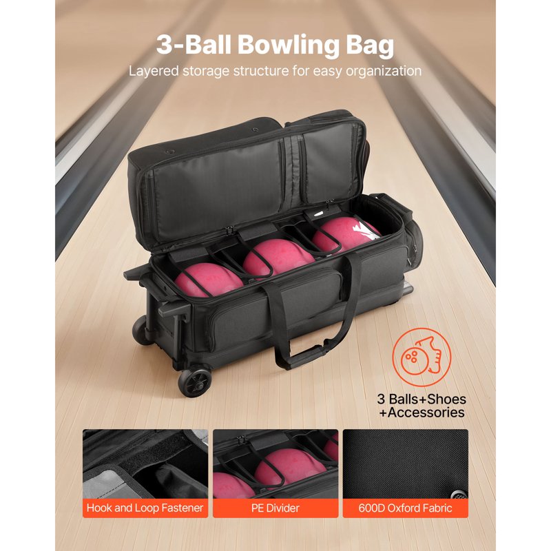 Bowling Ball Bag with Wheels - 3-Ball Roller with Shoe Compartment & Adjustable Handle