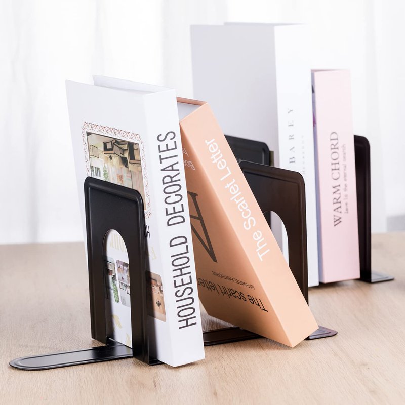 Heavy Duty Metal Book Ends 4 Pack - Black Shelving Organizer for Books & DVDs