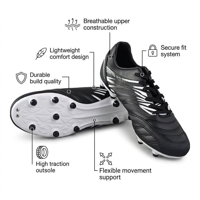 Valencia FG Soccer Cleats - Wide Fit, Mens & Womens, Black/White, 11